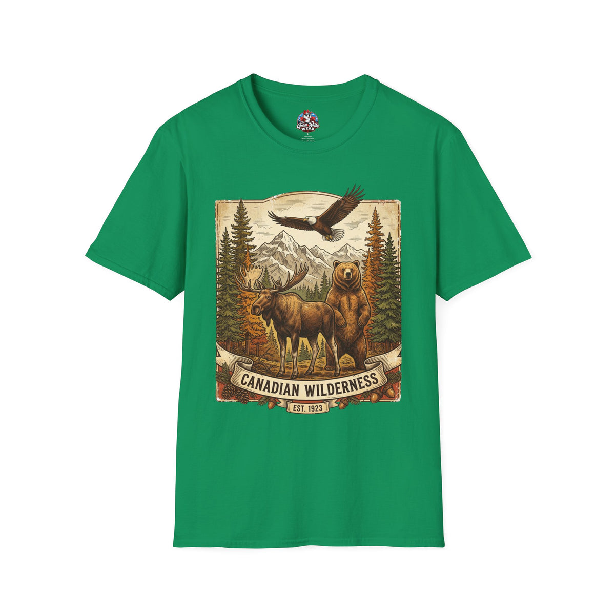 Mens T-Shirt — Canadian Wilderness Vintage Nature Graphic (Bear, Moose & Eagle)