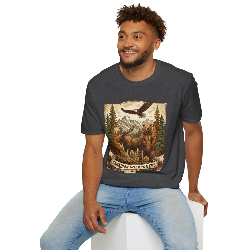 Mens T-Shirt — Canadian Wilderness Vintage Nature Graphic (Bear, Moose & Eagle)