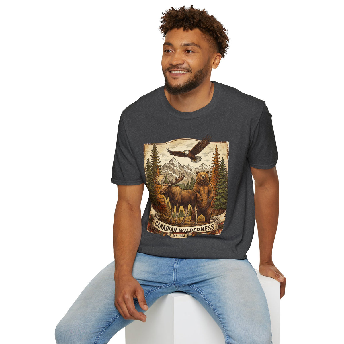 Mens T-Shirt — Canadian Wilderness Vintage Nature Graphic (Bear, Moose & Eagle)