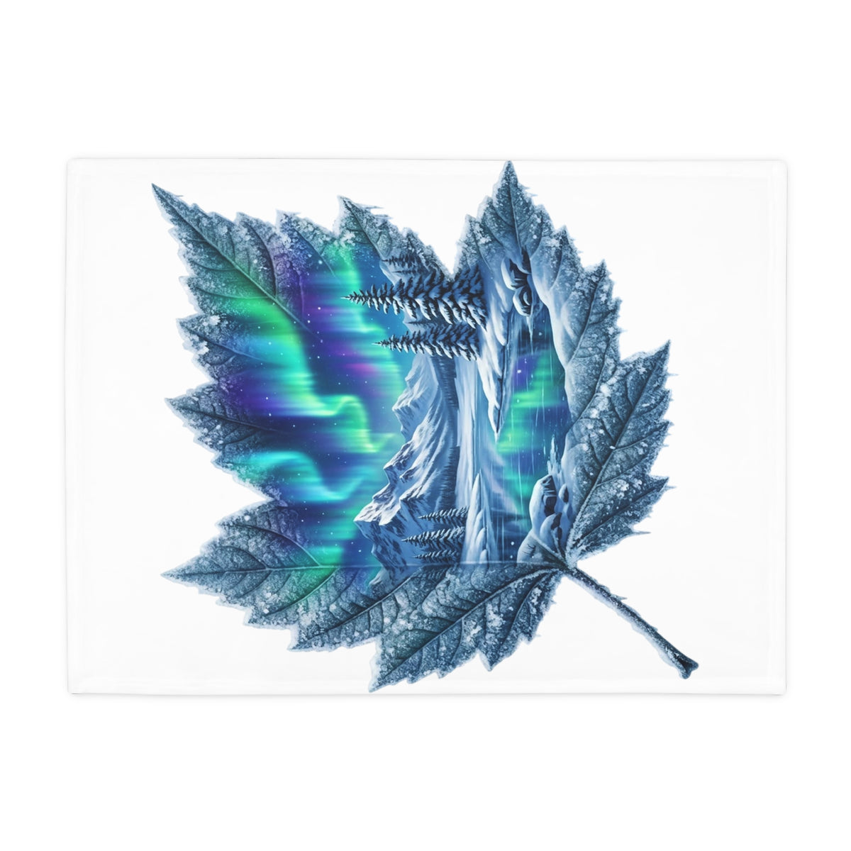 Aurora Maple Leaf Plush Fleece Blanket — Northern Lights Winter Landscape