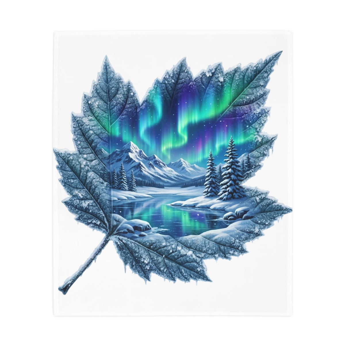 Aurora Maple Leaf Plush Fleece Blanket — Northern Lights Winter Landscape