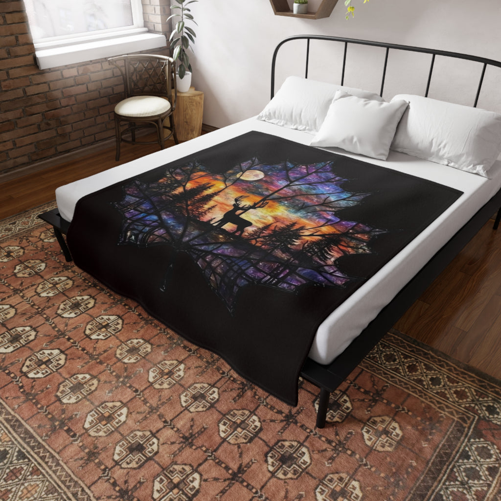 Deer Silhouette Maple Leaf Fleece Blanket — Colorful Sunset Night Forest Throw