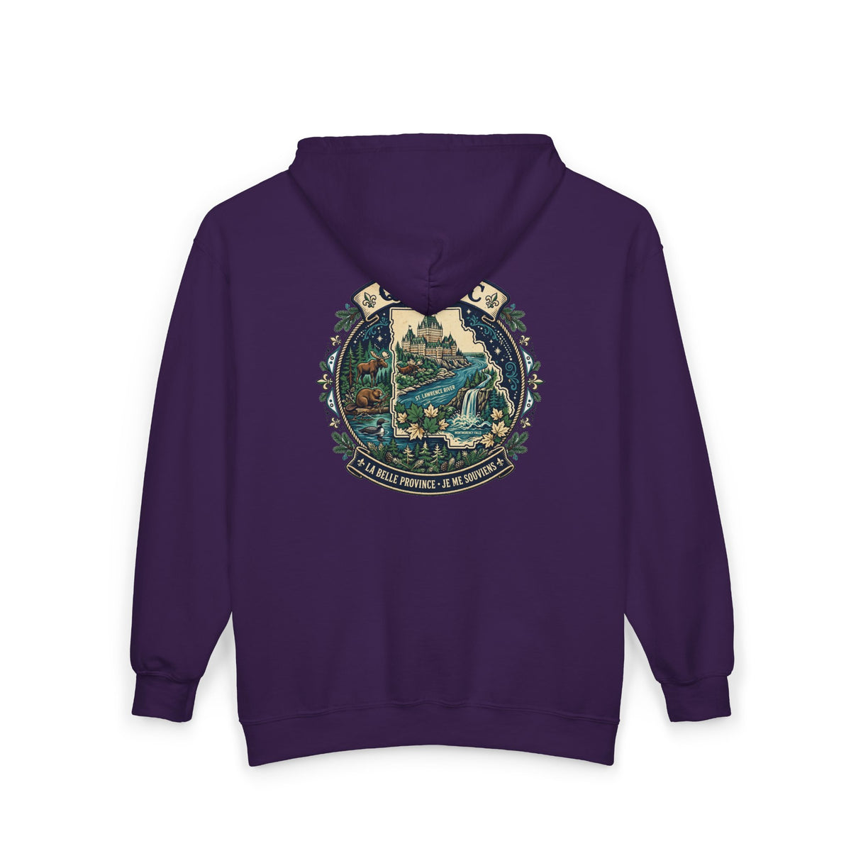 Québec Vintage Travel Hoodie — Scenic Chateau and Waterfall Souvenir Hoodie