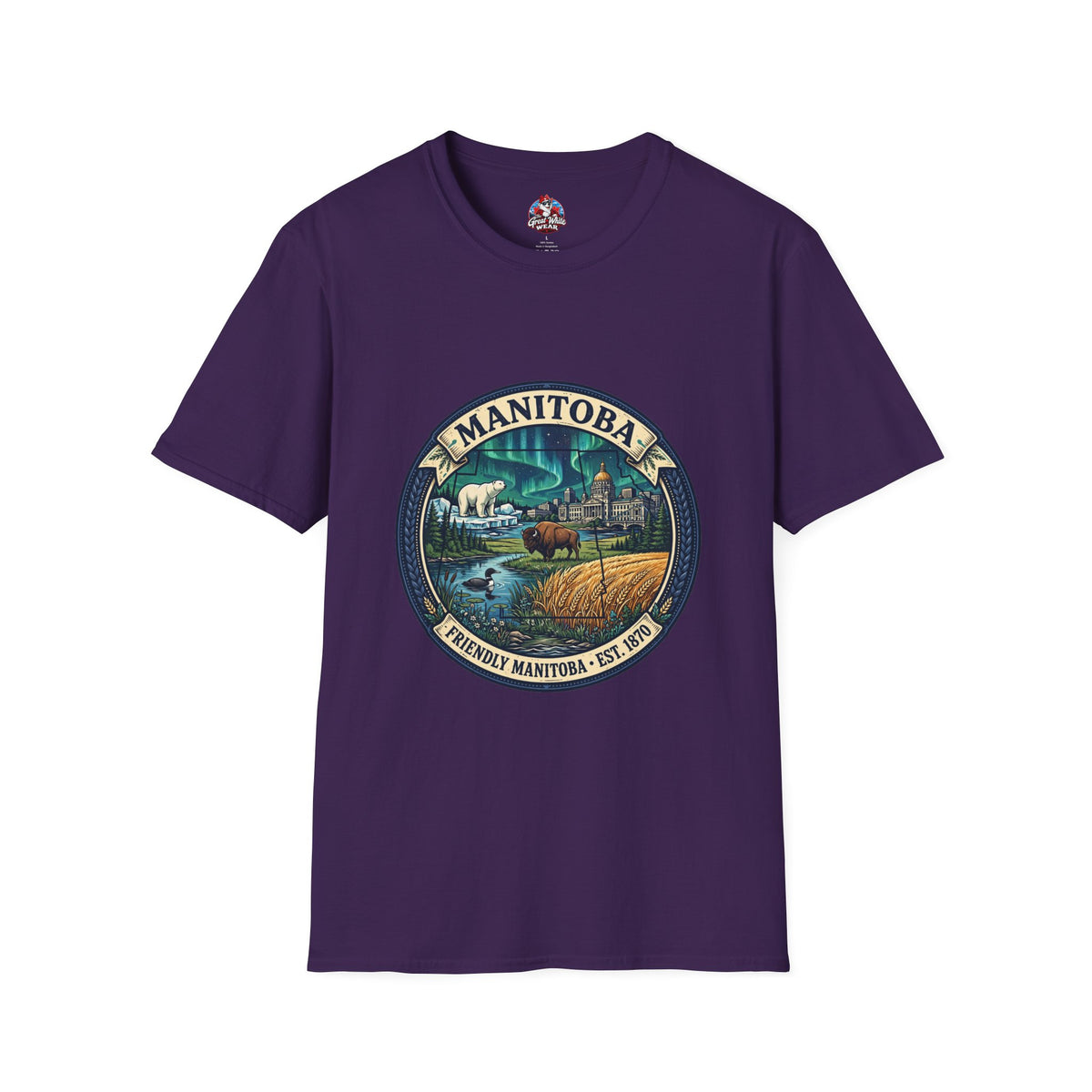 Manitoba Nature Badge T-Shirt — Northern Lights, Moose and Prairie Scenic Tee