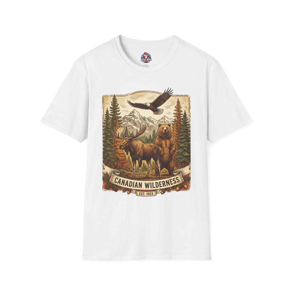 Mens T-Shirt — Canadian Wilderness Vintage Nature Graphic (Bear, Moose & Eagle)