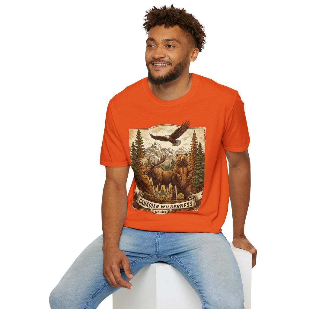 Mens T-Shirt — Canadian Wilderness Vintage Nature Graphic (Bear, Moose & Eagle)