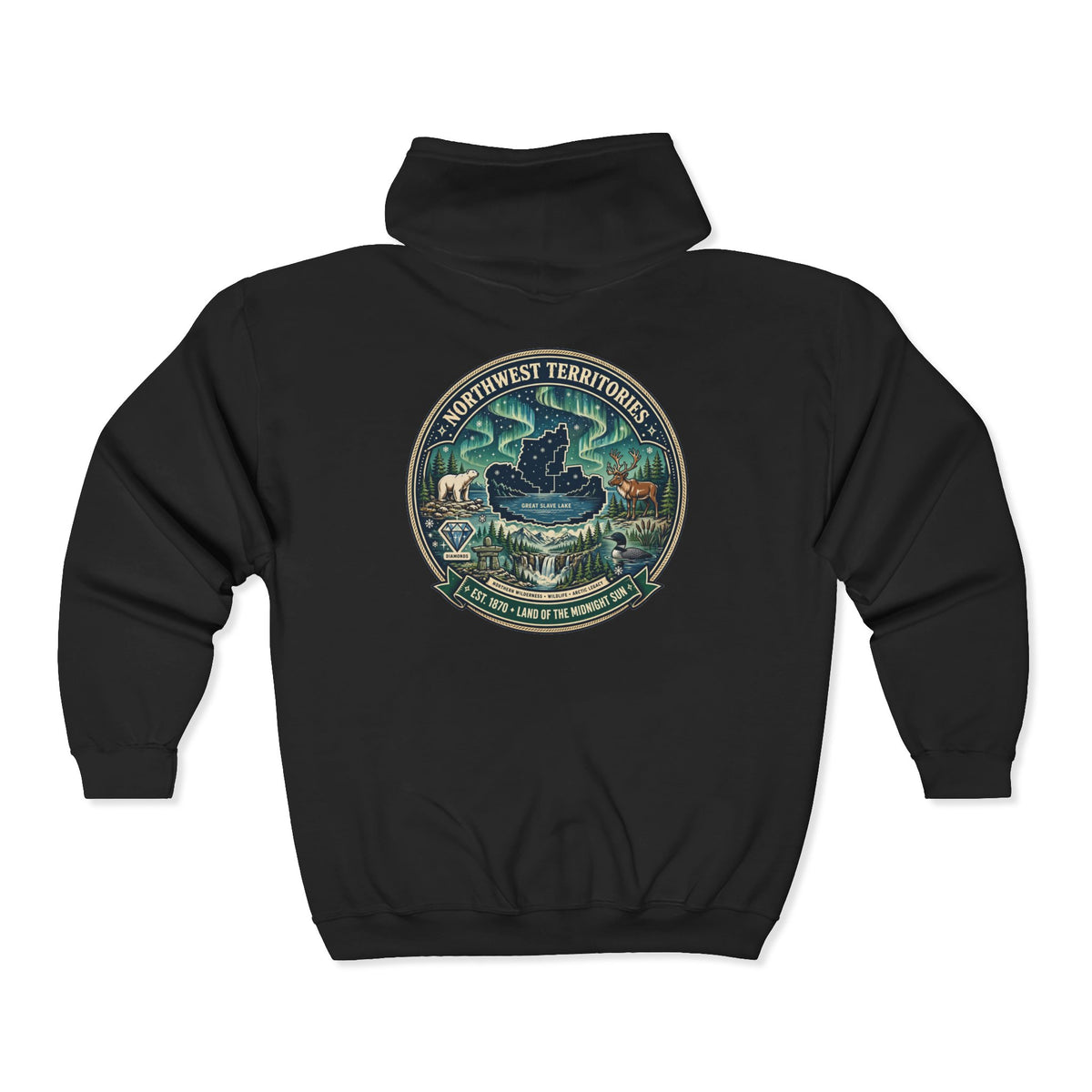Northwest Territories Scenic Hoodie — Aurora, Moose and Wilderness Badge