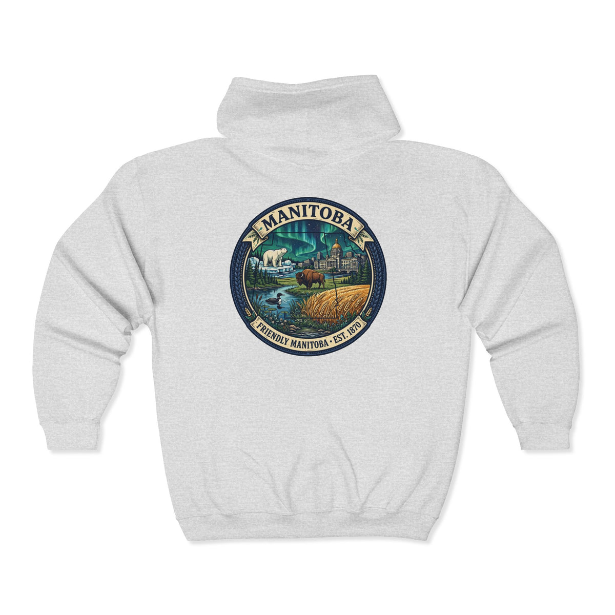 Manitoba Nature Badge Hoodie — Northern Lights, Moose and Prairie
