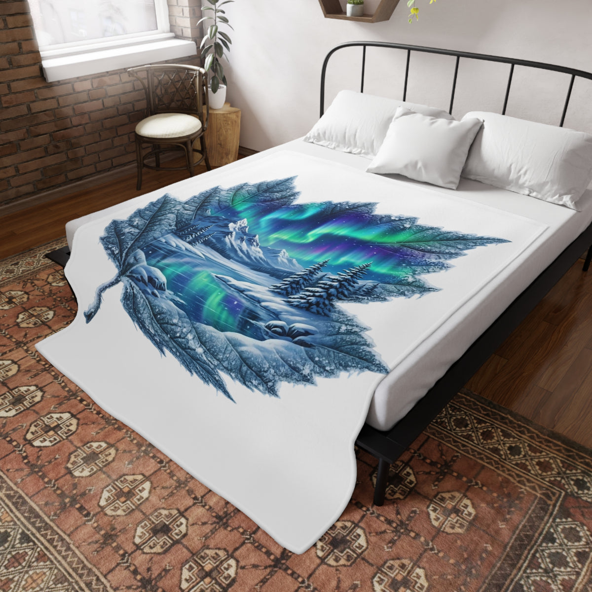 Aurora Maple Leaf Plush Fleece Blanket — Northern Lights Winter Landscape