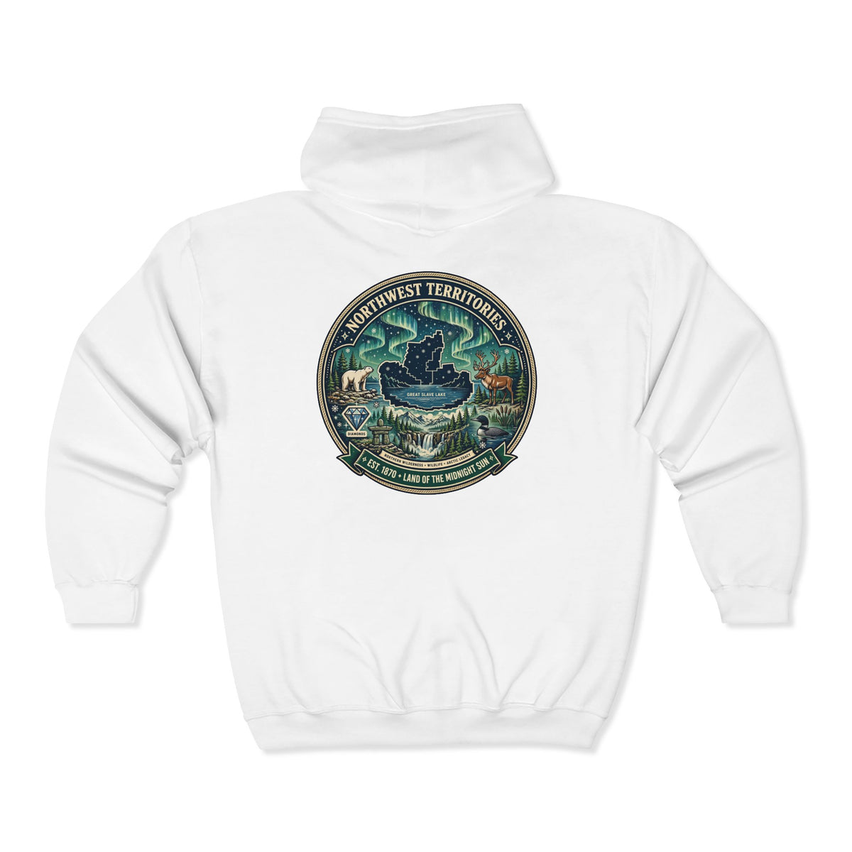 Northwest Territories Scenic Hoodie — Aurora, Moose and Wilderness Badge