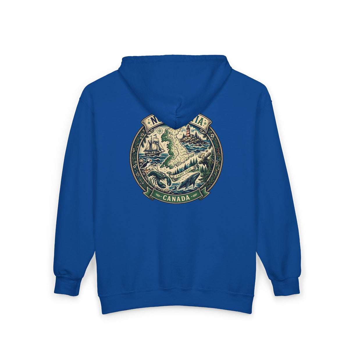 Nova Scotia Canada Vintage Map Hoodie — Coastal Lighthouse and Whale Graphic Hoodie