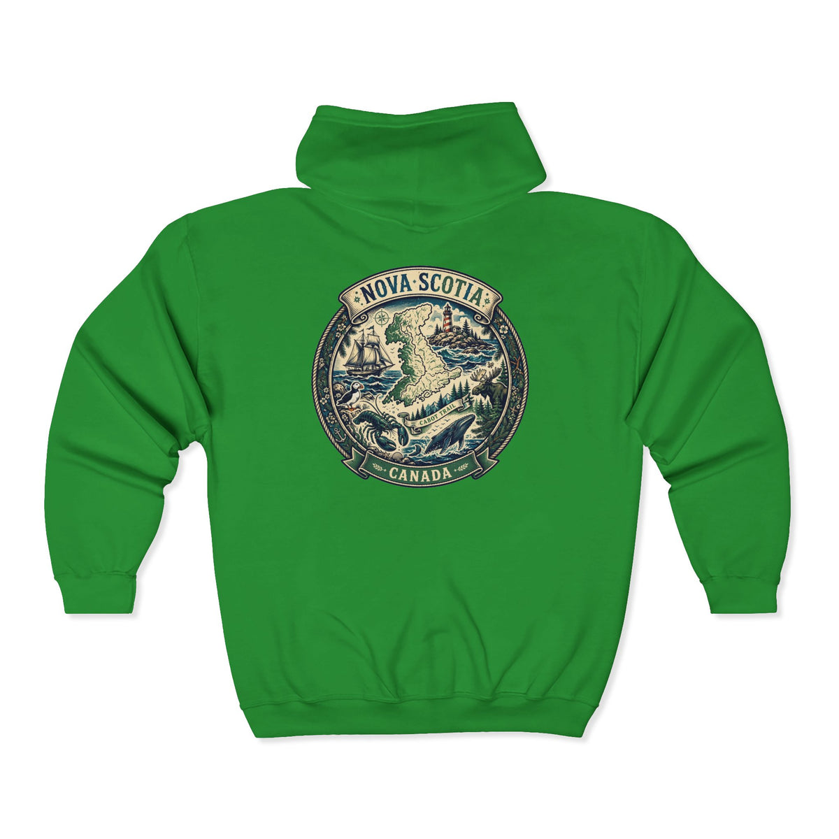 Nova Scotia Canada Vintage Map Hoodie — Coastal Lighthouse and Whale Graphic Hoodie
