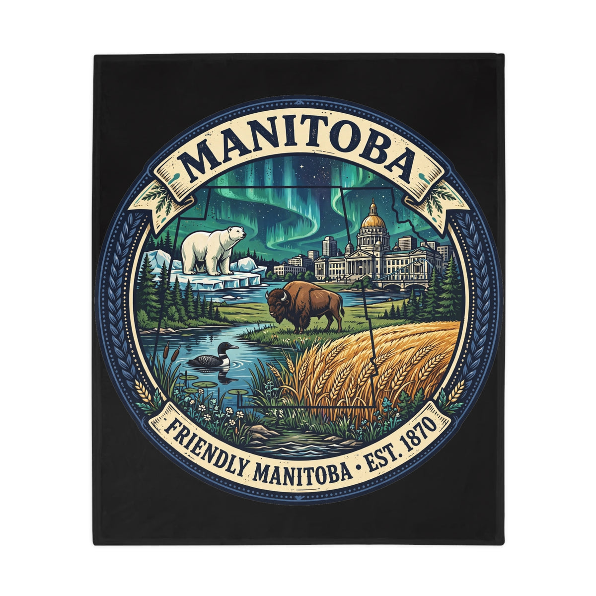 Manitoba Scenic Plush Fleece Blanket — Friendly Manitoba Est. 1870 Design