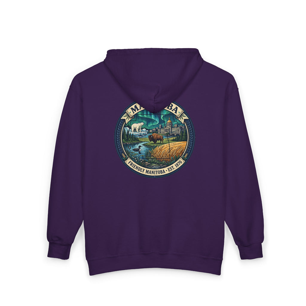 Manitoba Nature Badge Hoodie — Northern Lights, Moose and Prairie