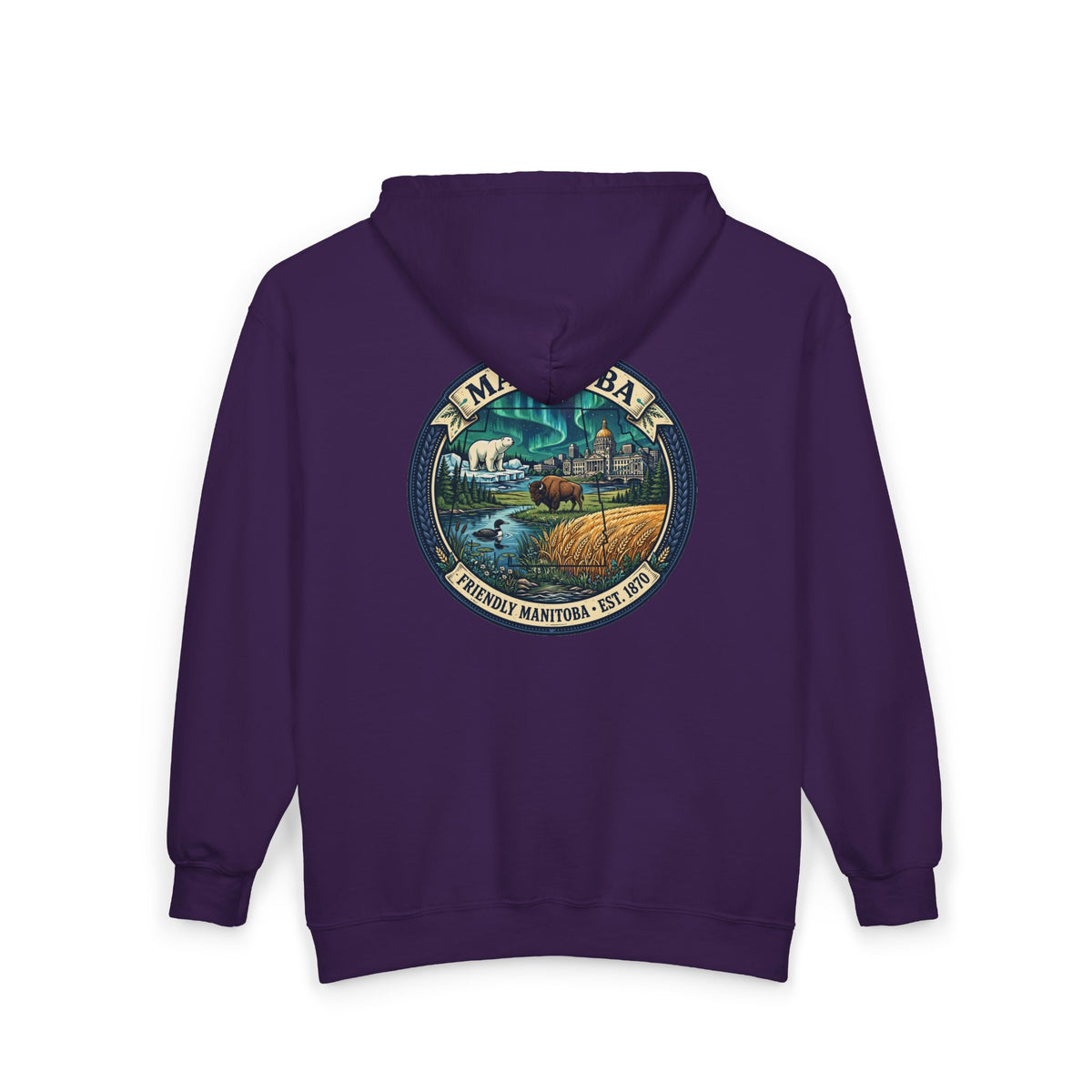 Manitoba Nature Badge Hoodie — Northern Lights, Moose and Prairie