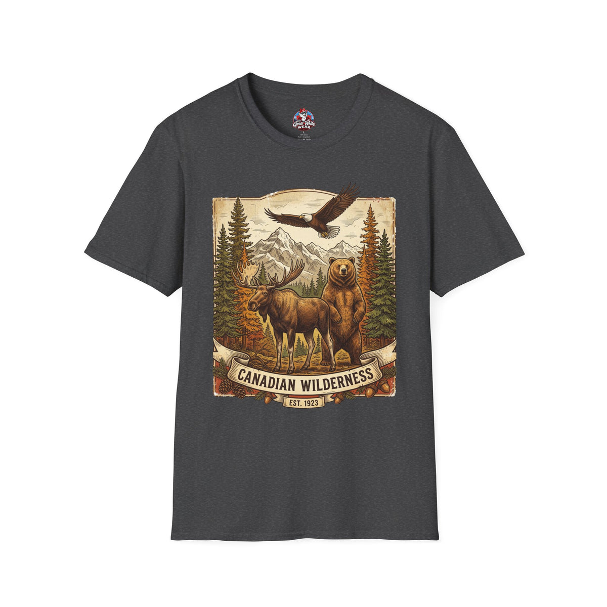 Mens T-Shirt — Canadian Wilderness Vintage Nature Graphic (Bear, Moose & Eagle)
