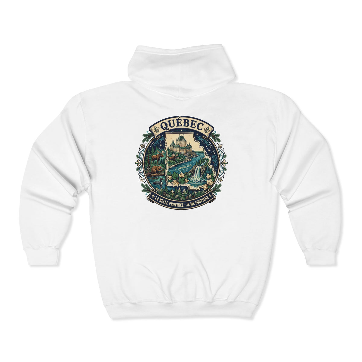 Québec Vintage Travel Hoodie — Scenic Chateau and Waterfall Souvenir Hoodie