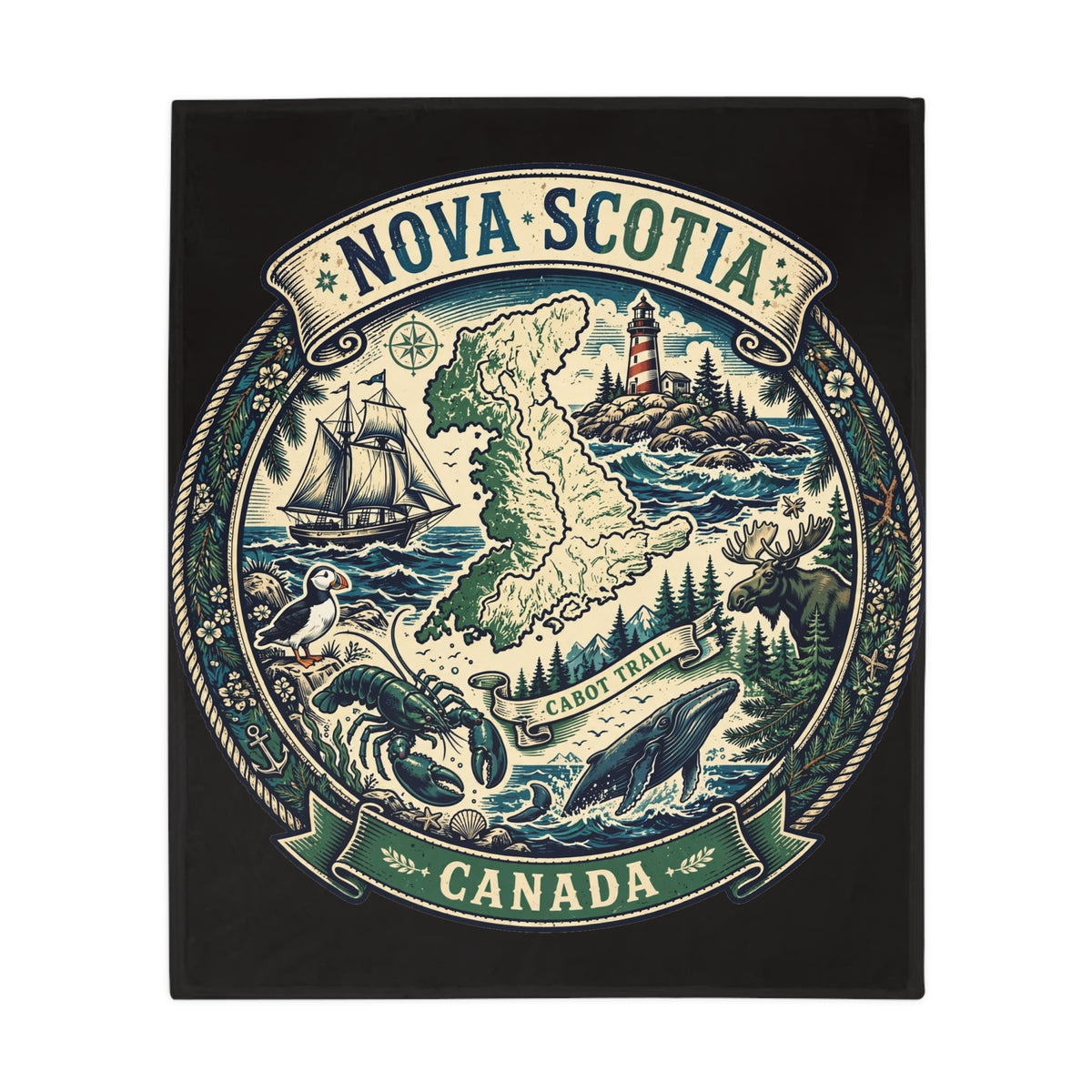 Nova Scotia Canada Plush Fleece Blanket — Coastal Map, Cabot Trail Lighthouse and Whale Design