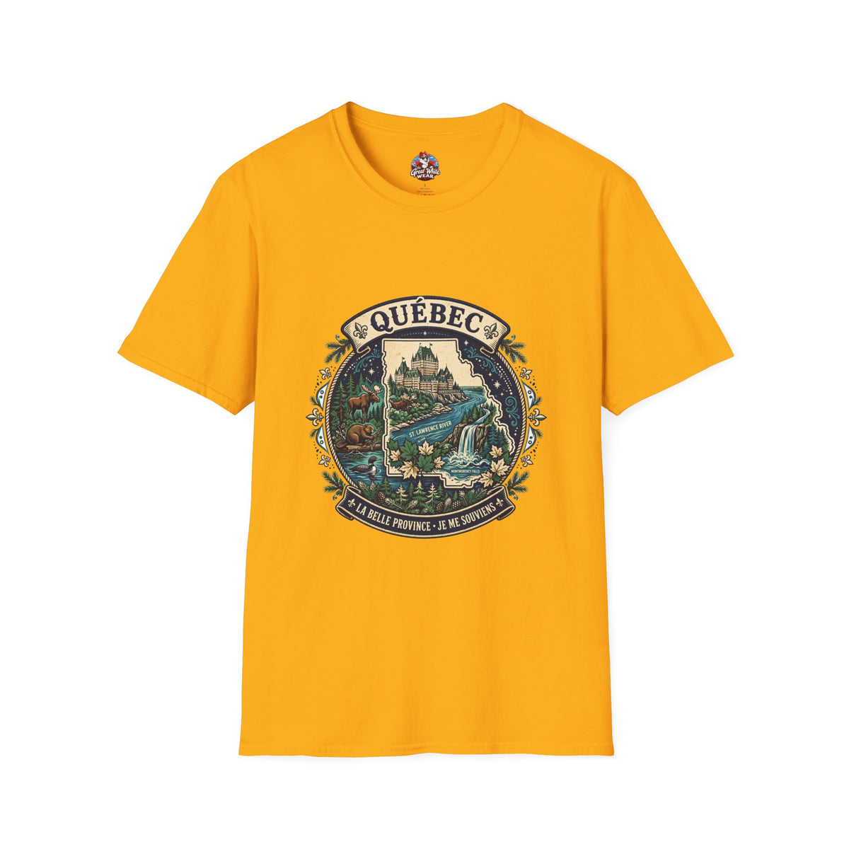 Québec Vintage Travel T-Shirt — Scenic Chateau and Waterfall Souvenir Tee