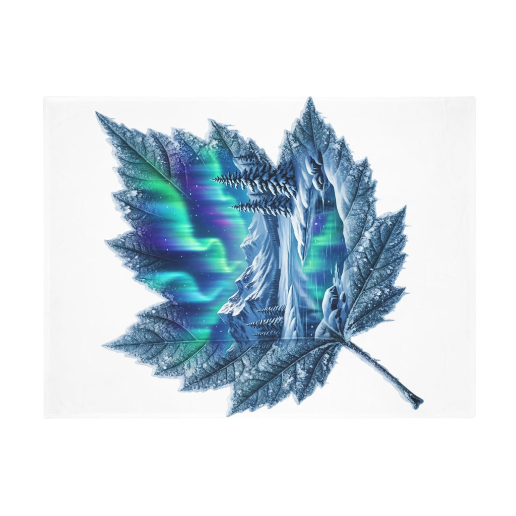 Aurora Maple Leaf Plush Fleece Blanket — Northern Lights Winter Landscape