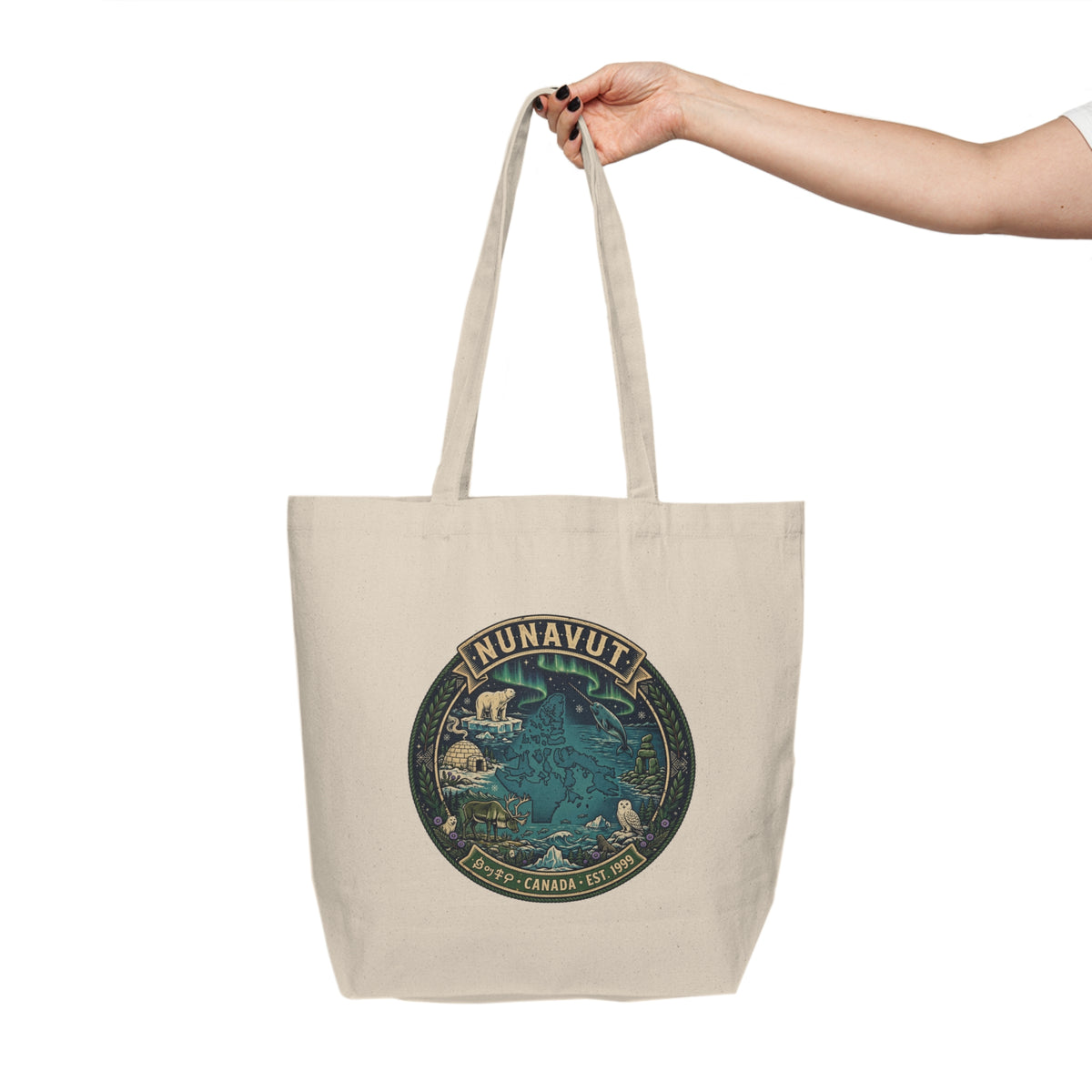 Nunavut Map Canvas Tote — Northern Wildlife and Arctic Map Shopper