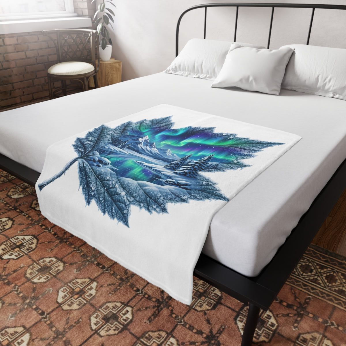 Aurora Maple Leaf Plush Fleece Blanket — Northern Lights Winter Landscape