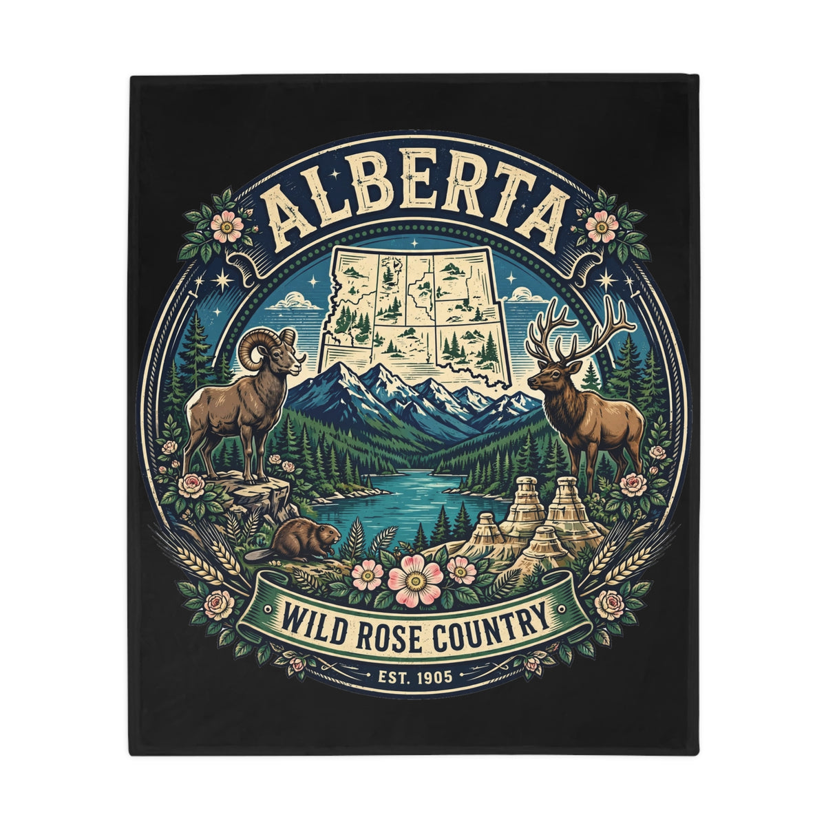 Alberta Wild Rose Country Plush Fleece Blanket — Scenic Rockies Map and Wildlife Throw