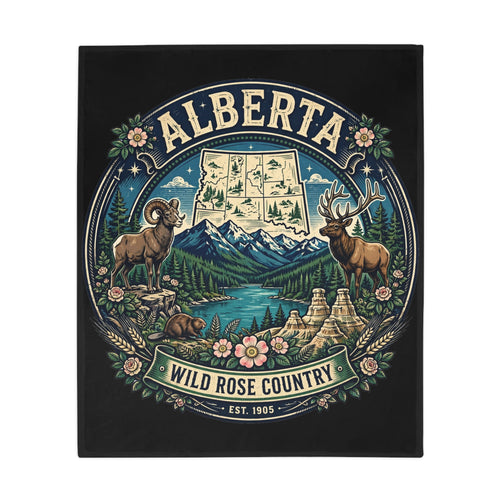 Alberta Wild Rose Country Plush Fleece Blanket — Scenic Rockies Map and Wildlife Throw