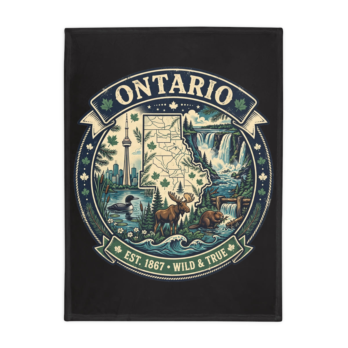 Ontario Plush Fleece Blanket — "Wild and True" Map Design (Est. 1867)