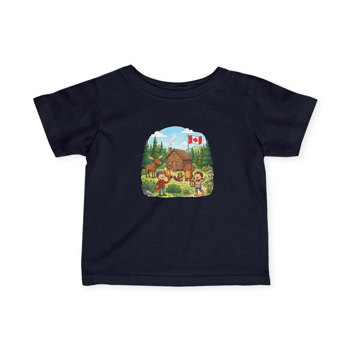 Infant Tee — Cozy Canadian Cabin Scene with Maple Flag