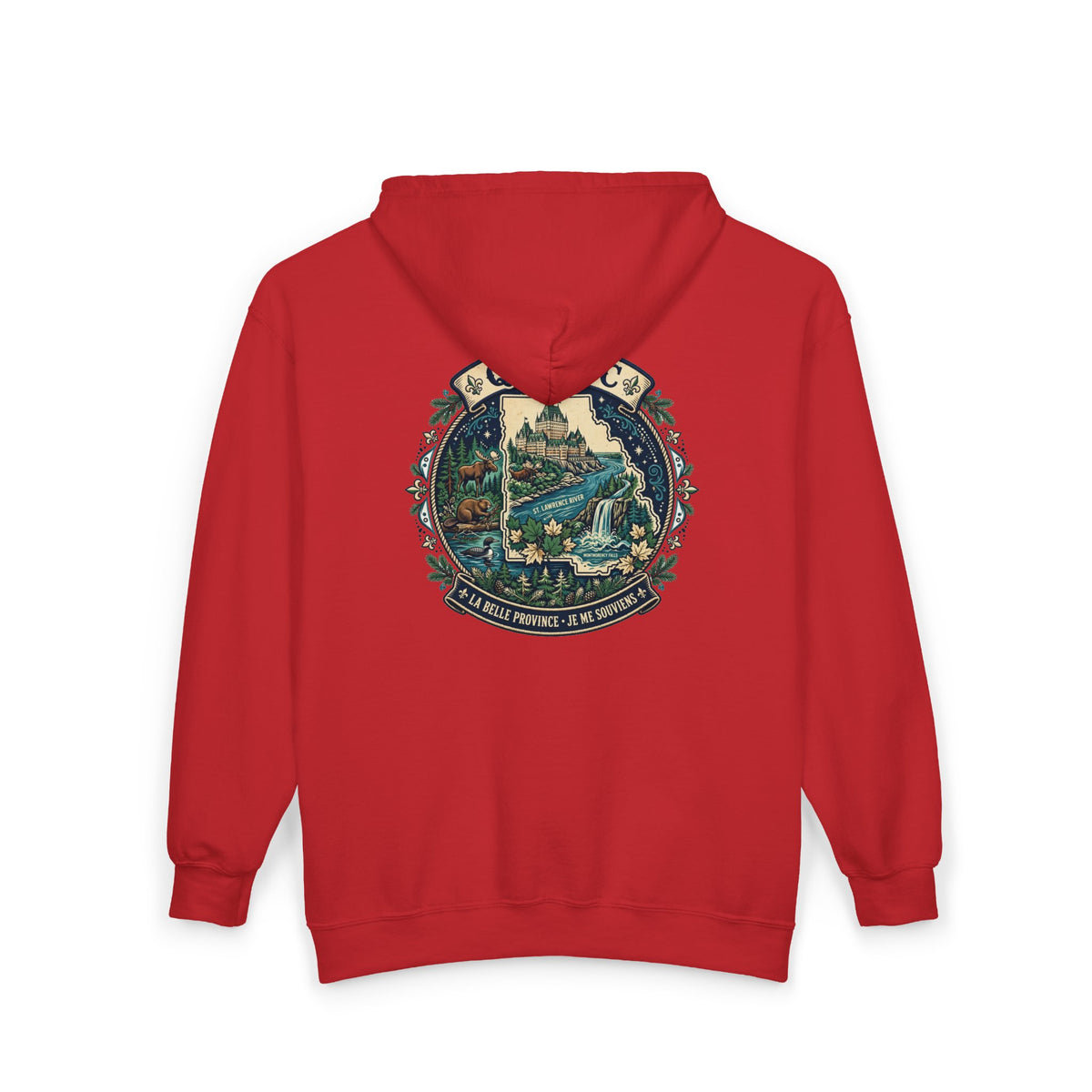 Québec Vintage Travel Hoodie — Scenic Chateau and Waterfall Souvenir Hoodie