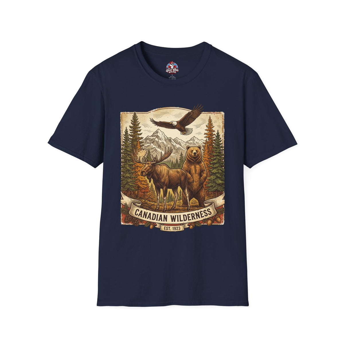 Mens T-Shirt — Canadian Wilderness Vintage Nature Graphic (Bear, Moose & Eagle)