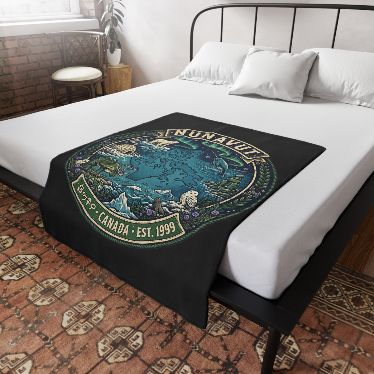 Nunavut Map Plush Fleece Blanket — Arctic Wildlife and Northern Lights Cozy Throw