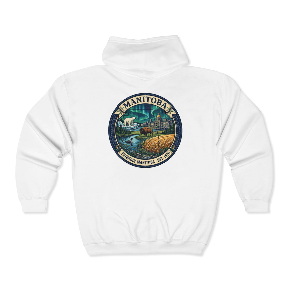 Manitoba Nature Badge Hoodie — Northern Lights, Moose and Prairie