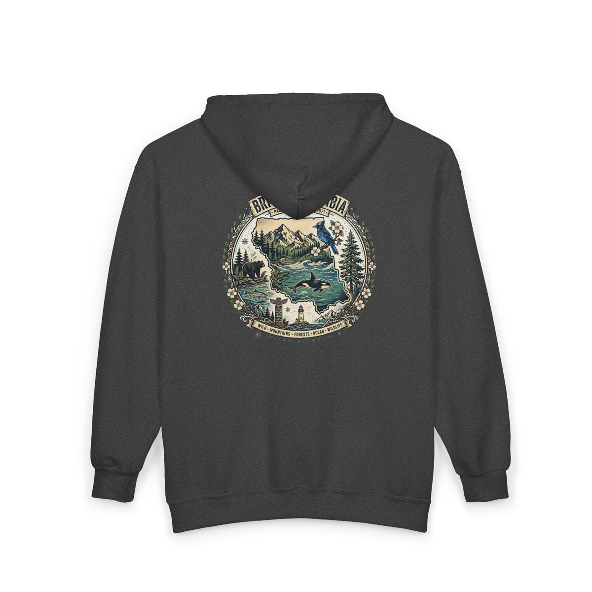 British Columbia Nature Hoodie — Scenic Mountains and Orca