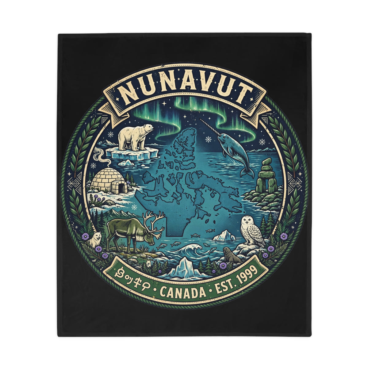 Nunavut Map Plush Fleece Blanket — Arctic Wildlife and Northern Lights Cozy Throw