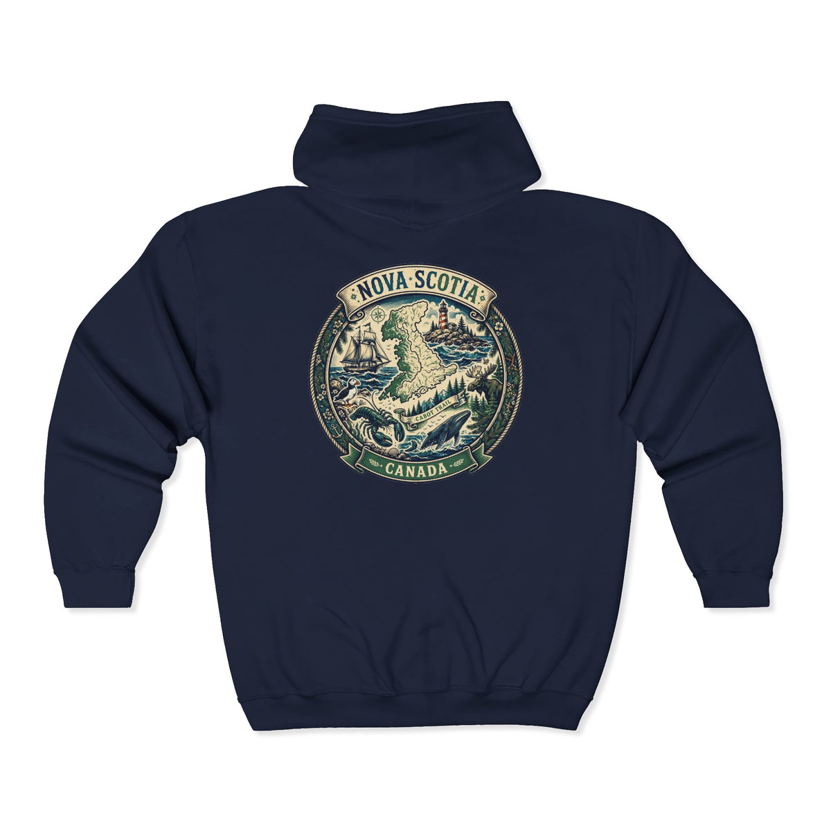 Nova Scotia Canada Vintage Map Hoodie — Coastal Lighthouse and Whale Graphic Hoodie