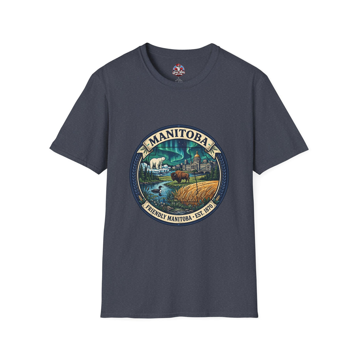 Manitoba Nature Badge T-Shirt — Northern Lights, Moose and Prairie Scenic Tee