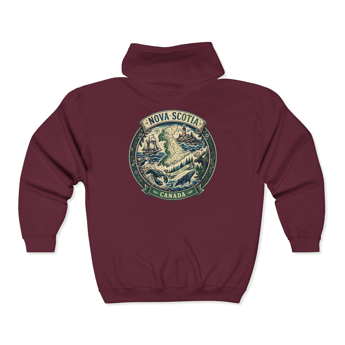 Nova Scotia Canada Vintage Map Hoodie — Coastal Lighthouse and Whale Graphic Hoodie