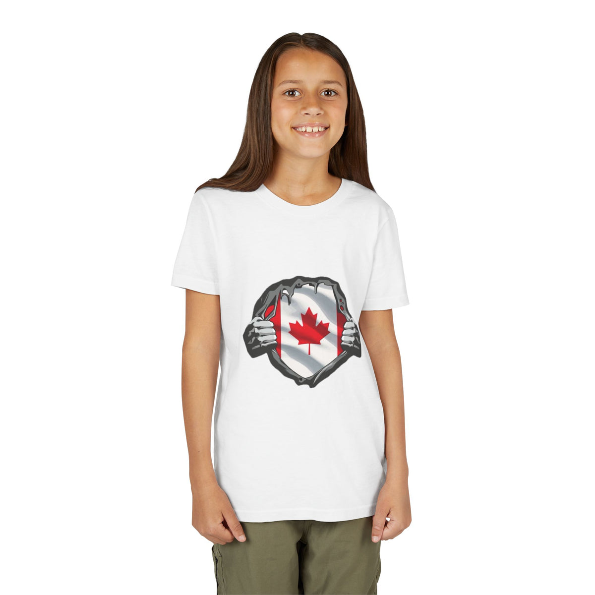 Youth Tee — Ripped Chest Canadian Flag Graphic (Canada Pride)
