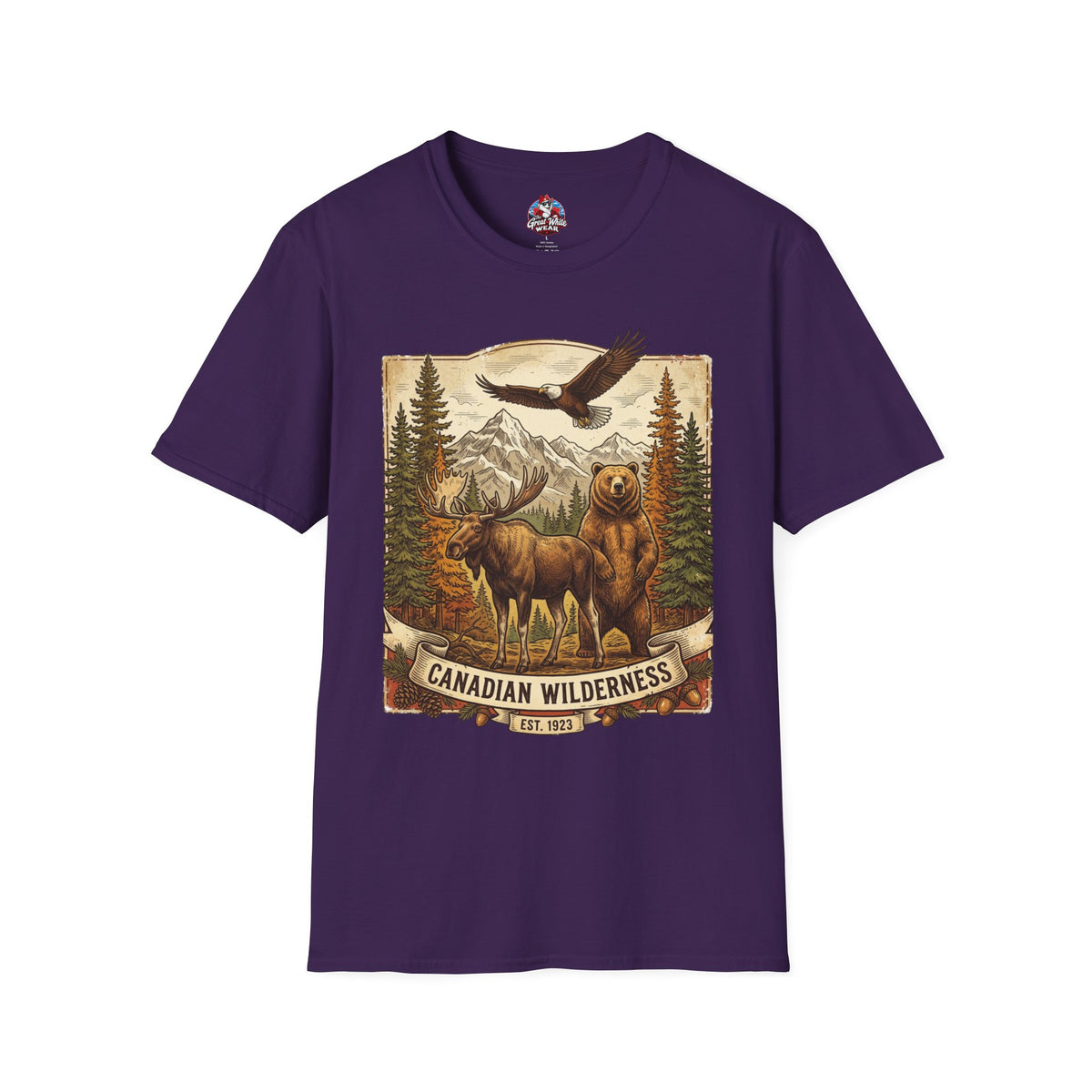 Mens T-Shirt — Canadian Wilderness Vintage Nature Graphic (Bear, Moose & Eagle)