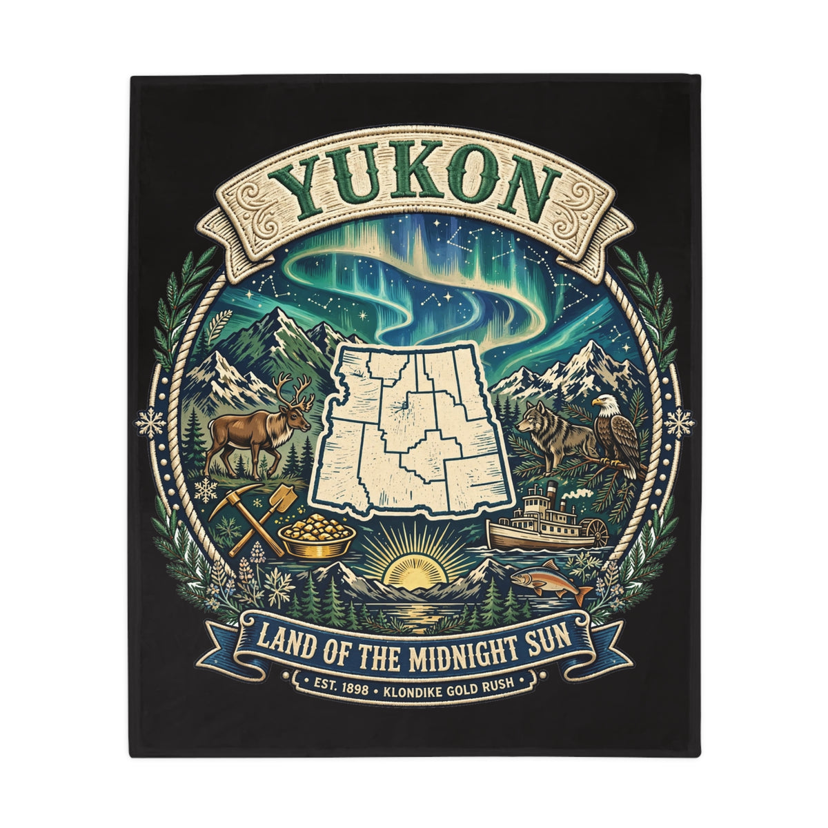 Yukon Northern Lights Plush Fleece Blanket — "Land of the Midnight Sun" Map Design