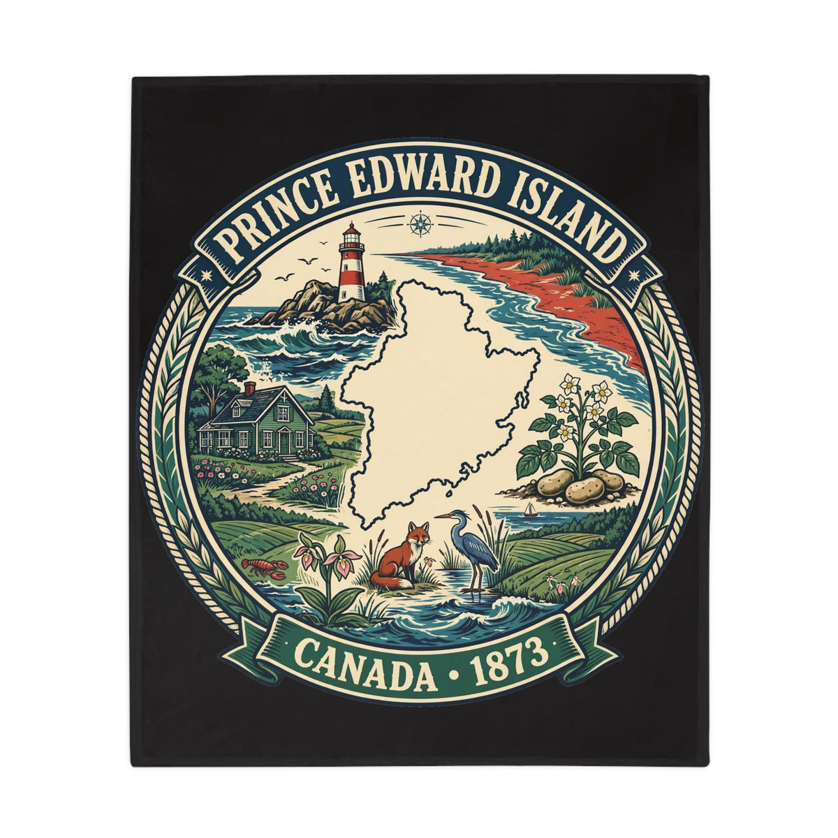Prince Edward Island Map Fleece Blanket — Canada 1873 Coastal Lighthouse Throw