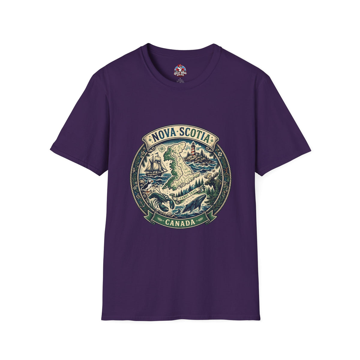 Nova Scotia Canada Vintage Map T-Shirt — Coastal Lighthouse and Whale Graphic Tee