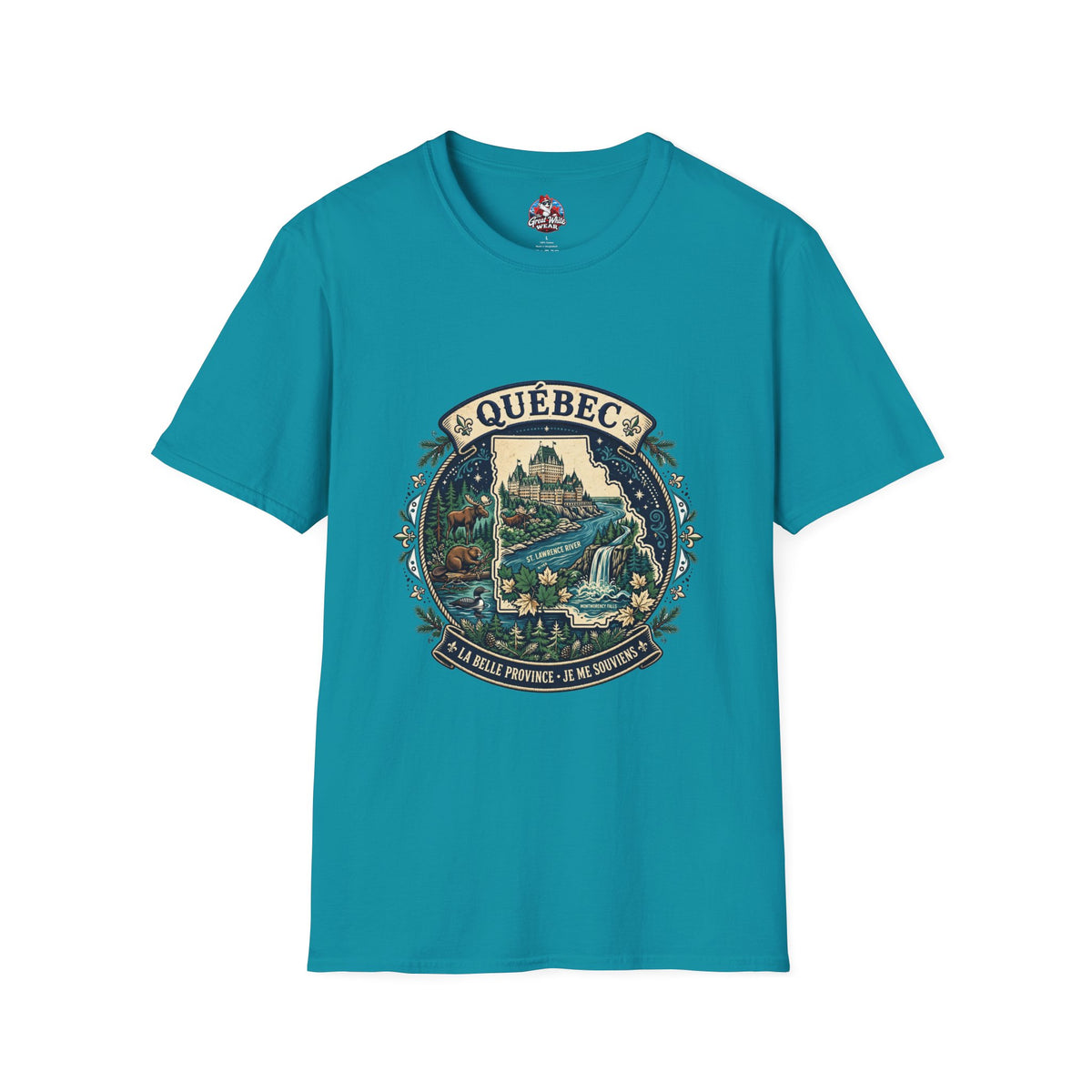 Québec Vintage Travel T-Shirt — Scenic Chateau and Waterfall Souvenir Tee