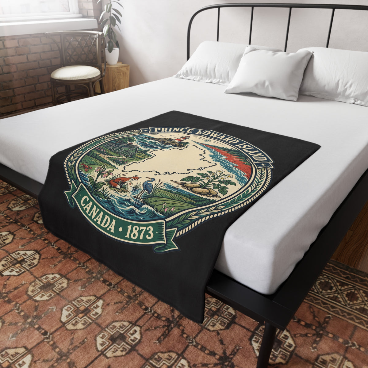 Prince Edward Island Map Fleece Blanket — Canada 1873 Coastal Lighthouse Throw