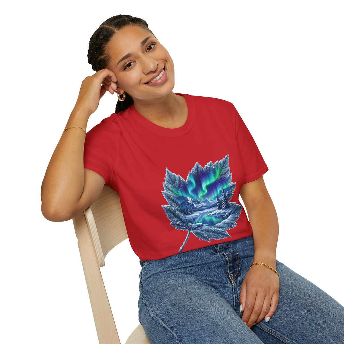 Womens Aurora Maple Leaf Tee — Northern Lights Nature T-Shirt