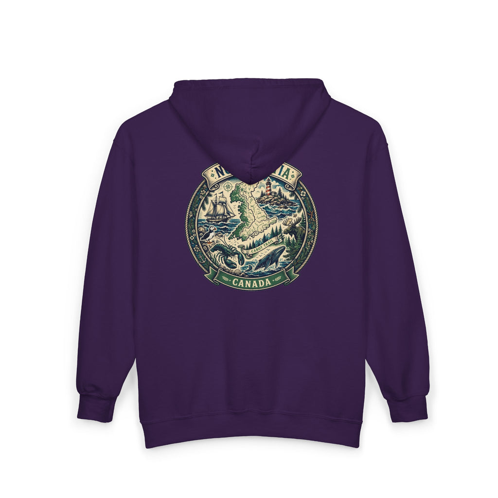 Nova Scotia Canada Vintage Map Hoodie — Coastal Lighthouse and Whale Graphic Hoodie
