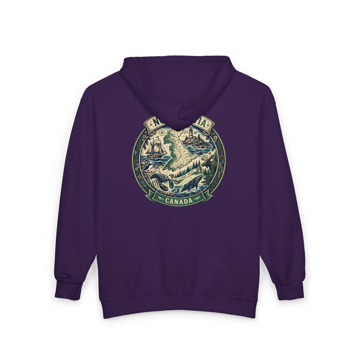 Nova Scotia Canada Vintage Map Hoodie — Coastal Lighthouse and Whale Graphic Hoodie