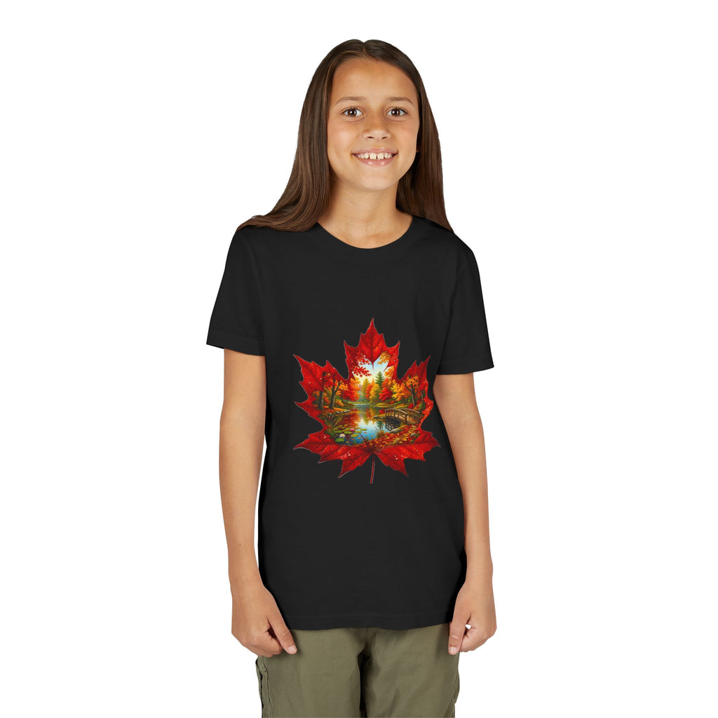 Youth Tee – Autumn Maple Leaf Lake Scene Graphic